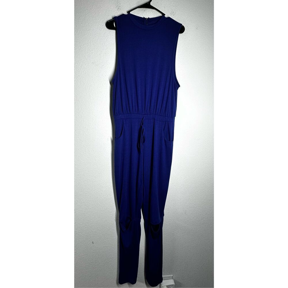 Women’s Blue Distressed Jumpsuit Zip Back Sleeveless Size L